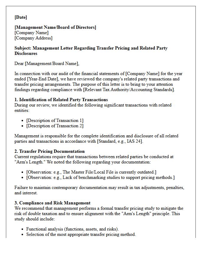 Management Letter Addressing Transfer Pricing and Related Party Disclosures
