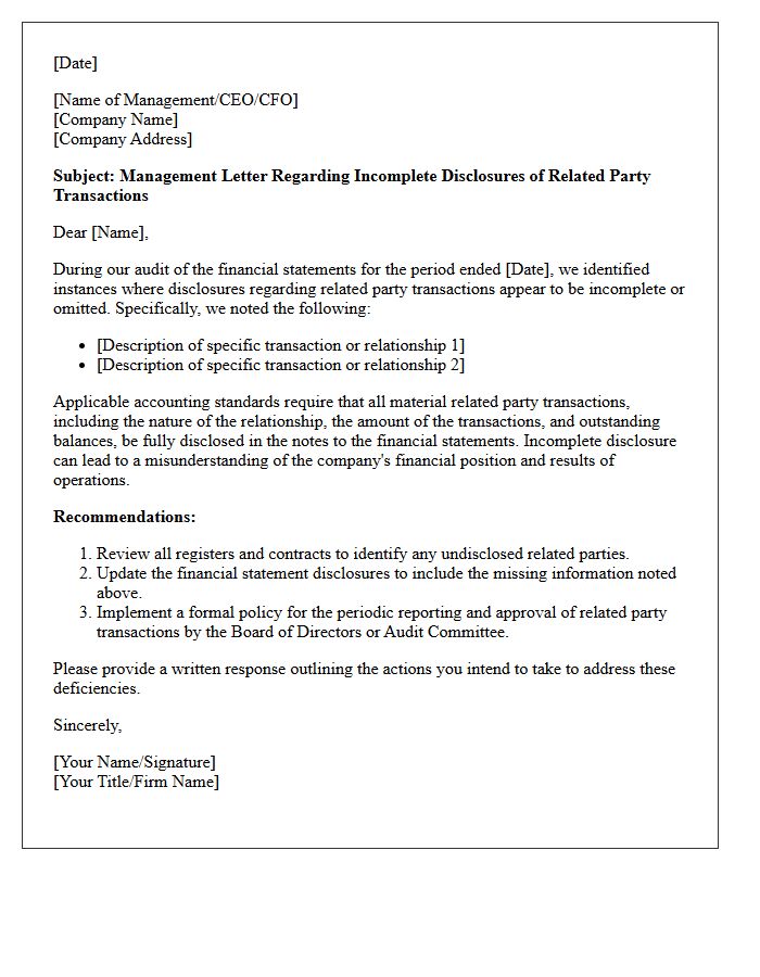 Management Letter Concerning Incomplete Disclosures of Related Party Transactions