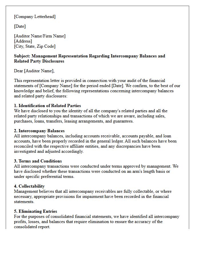 Management Letter Concerning Intercompany Balances and Related Party Disclosures