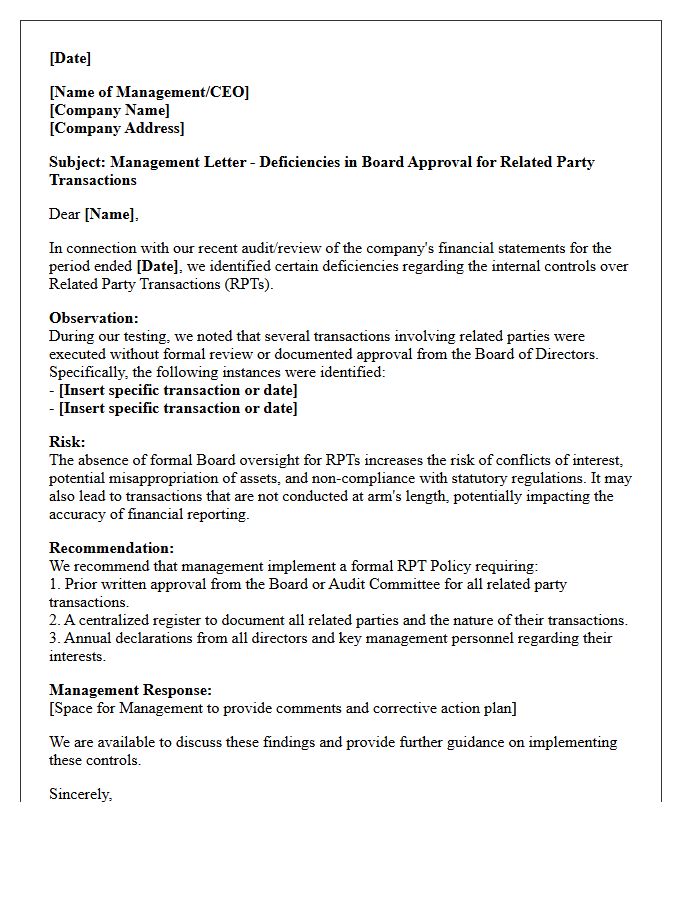 Management Letter on Board Approval Deficiencies for Related Party Transactions