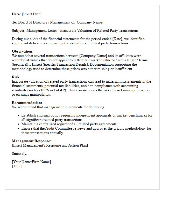 Management Letter on Inaccurate Valuation of Related Party Transactions