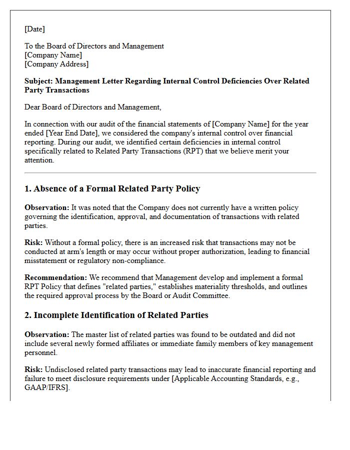 Management Letter on Internal Control Deficiencies Over Related Party Transactions