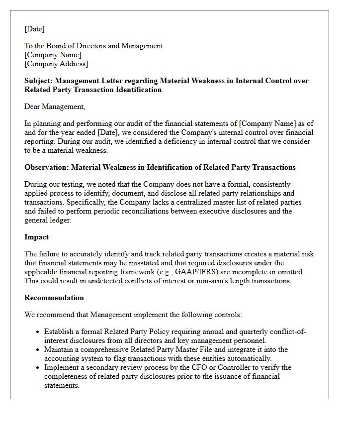 Management Letter on Material Weaknesses in Related Party Transaction Identification