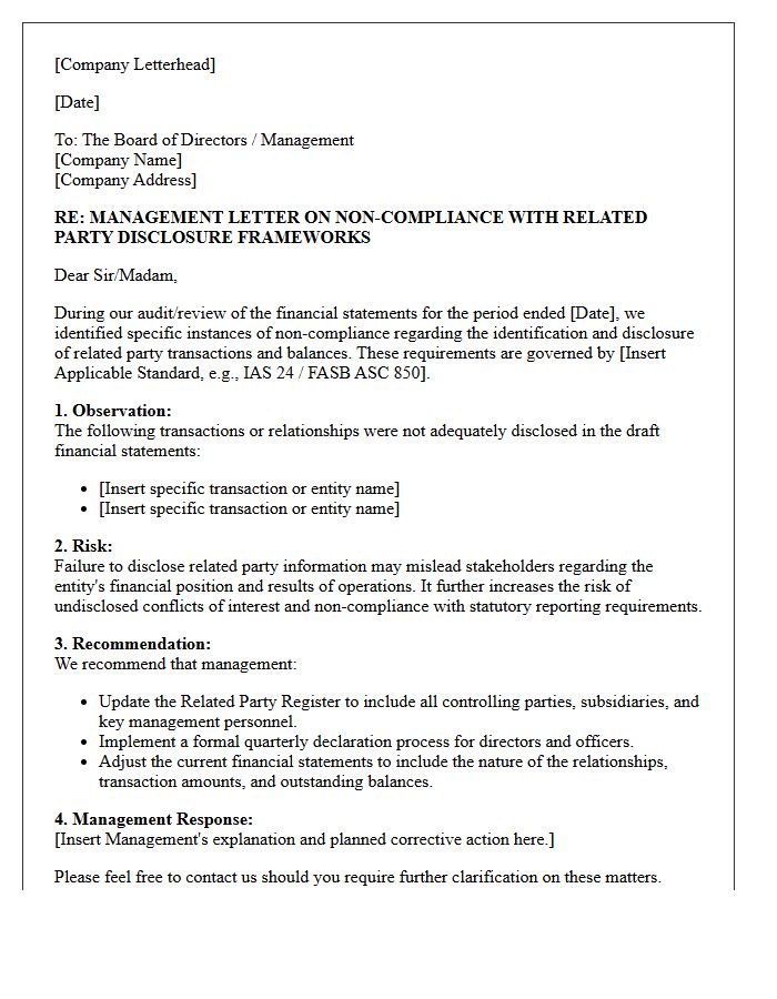 Management Letter on Non-Compliance With Related Party Disclosure Frameworks