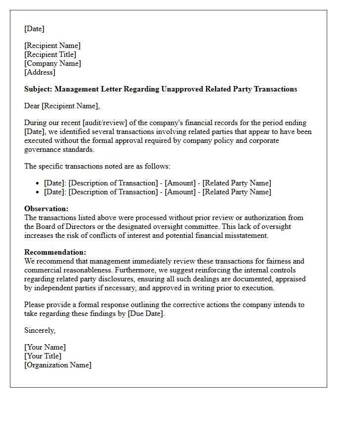 Management Letter Regarding Unapproved Related Party Transactions