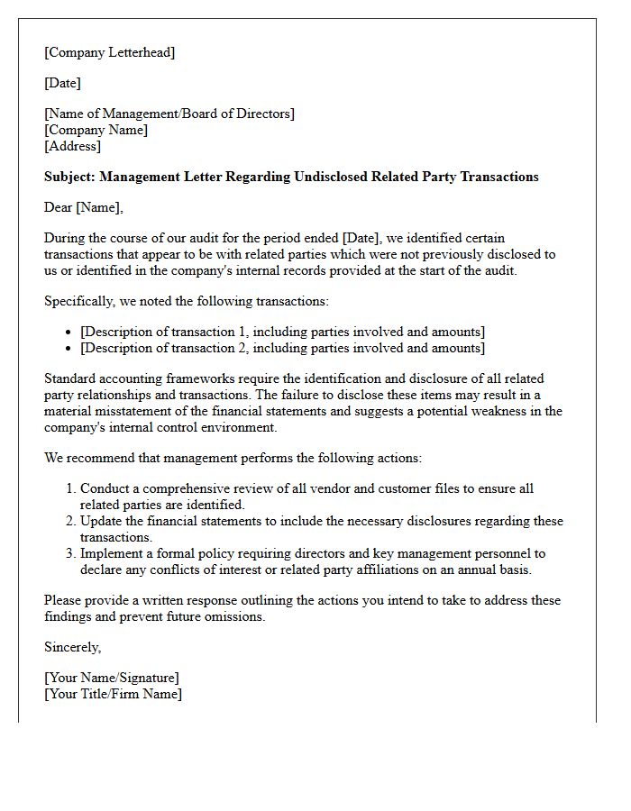 Management Letter Regarding Undisclosed Related Party Transactions