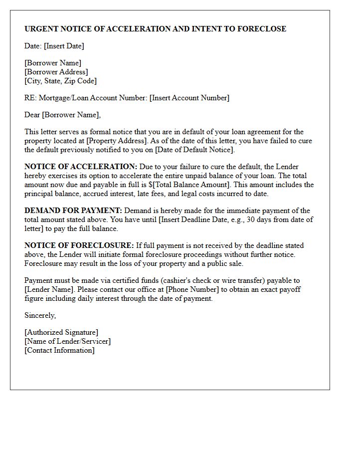 Accelerated Debt Demand and Foreclosure Letter