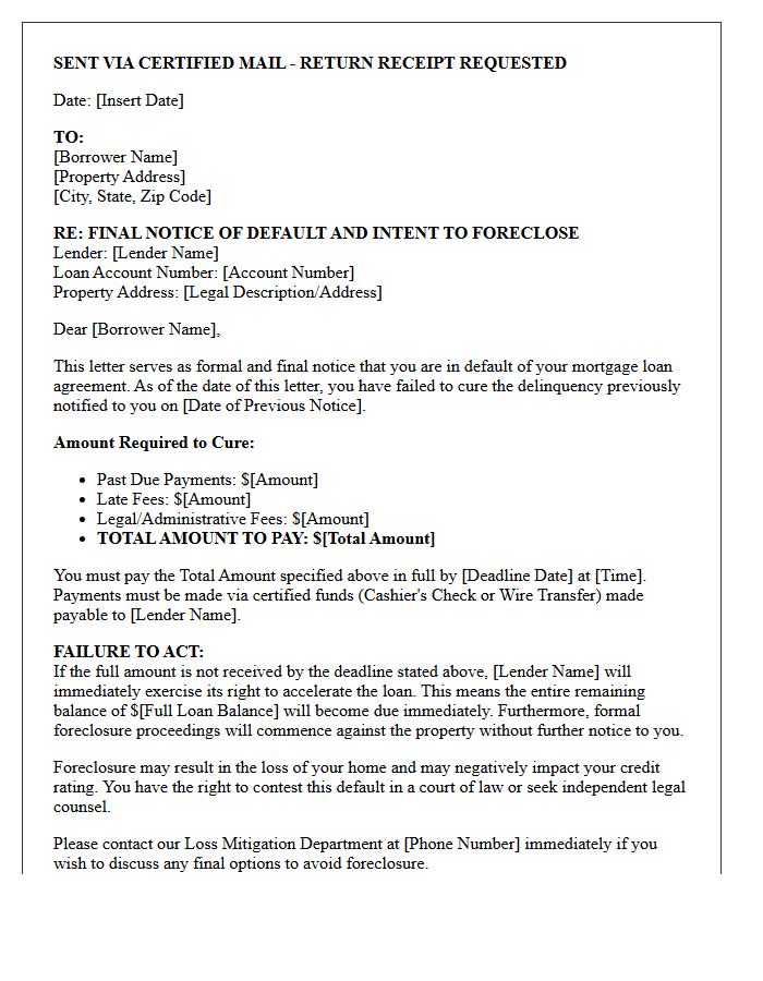 Final Notice of Default and Foreclosure Letter