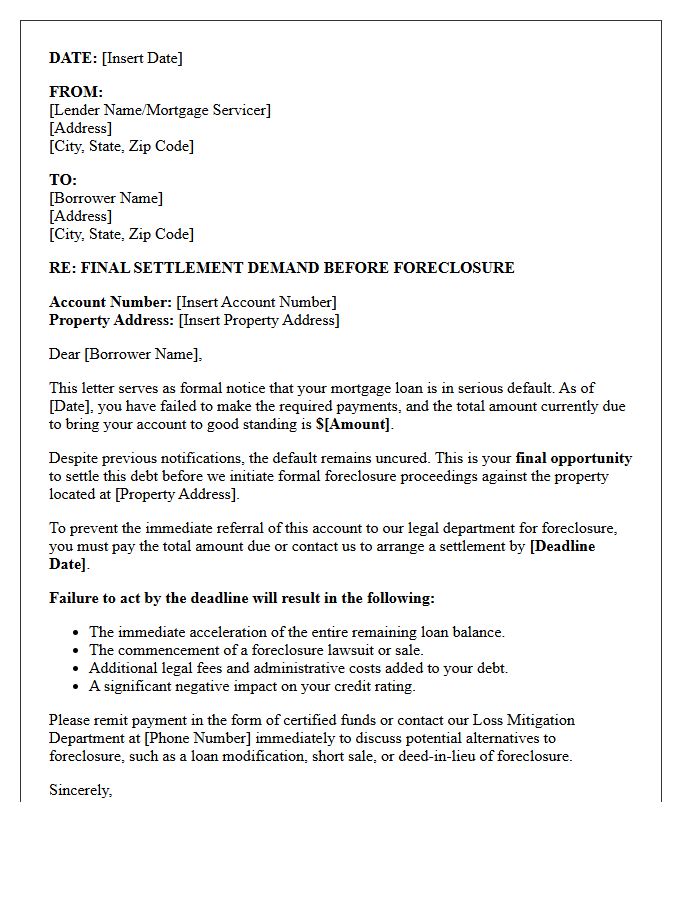 Final Settlement Demand Before Foreclosure Letter