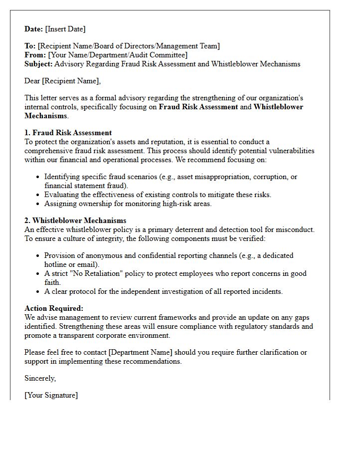 Advisory Letter Regarding Fraud Risk Assessment and Whistleblower Mechanisms