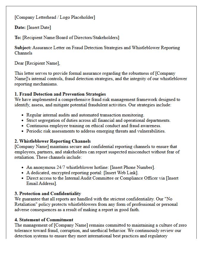 Assurance Letter on Fraud Detection Strategies and Whistleblower Reporting Channels