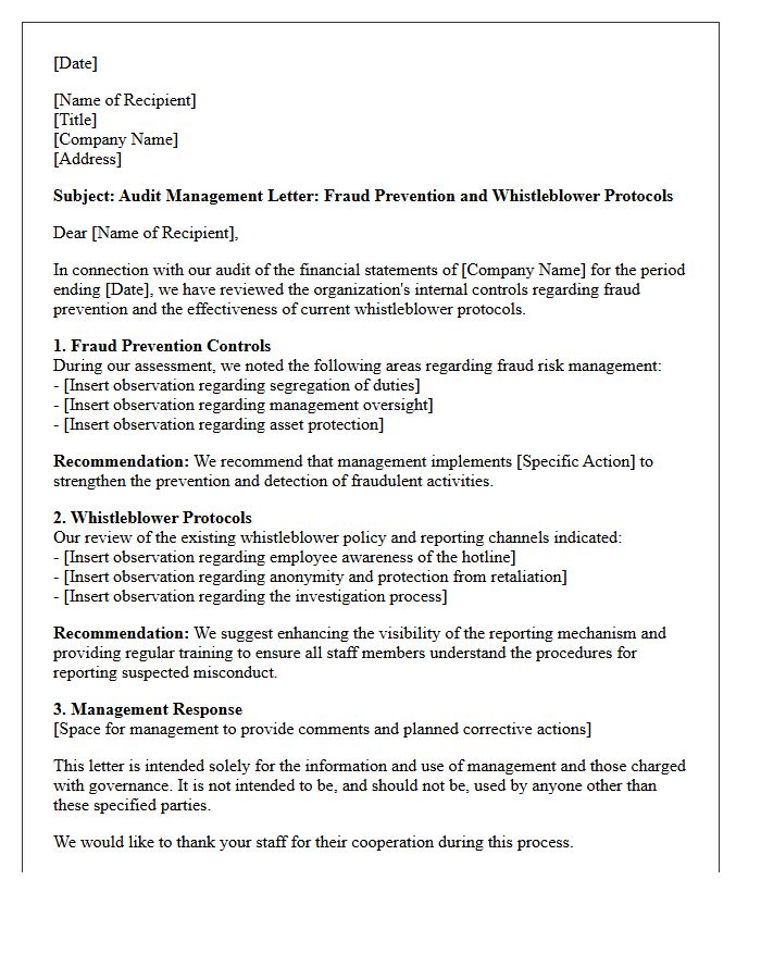 Audit Management Letter Concerning Fraud Prevention and Whistleblower Protocols