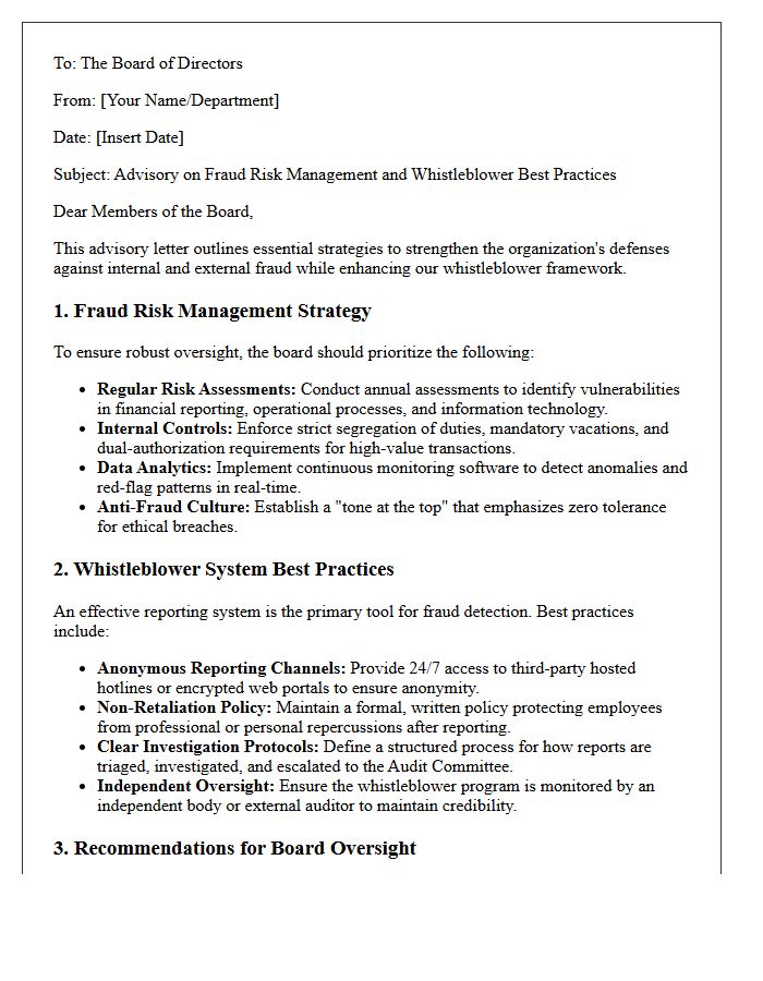 Board Advisory Letter on Fraud Risk Management and Whistleblower Best Practices