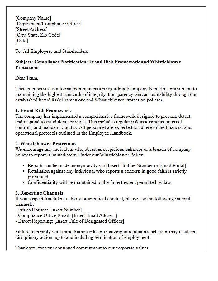 Compliance Letter on Fraud Risk Frameworks and Whistleblower Protections