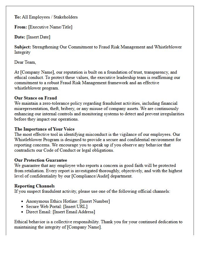 Executive Letter Addressing Fraud Risk Management and Whistleblower Effectiveness
