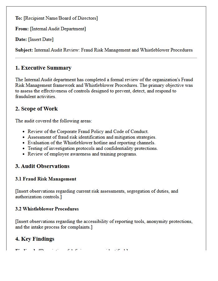 Internal Audit Letter Reviewing Fraud Risk Management and Whistleblower Procedures