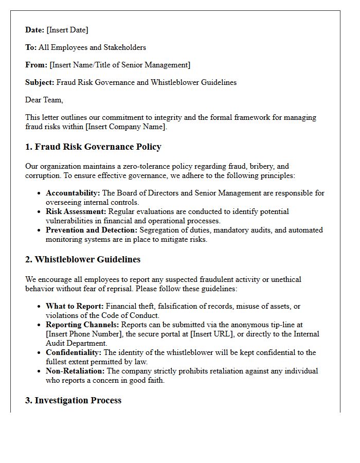 Management Letter Detailing Fraud Risk Governance and Whistleblower Guidelines