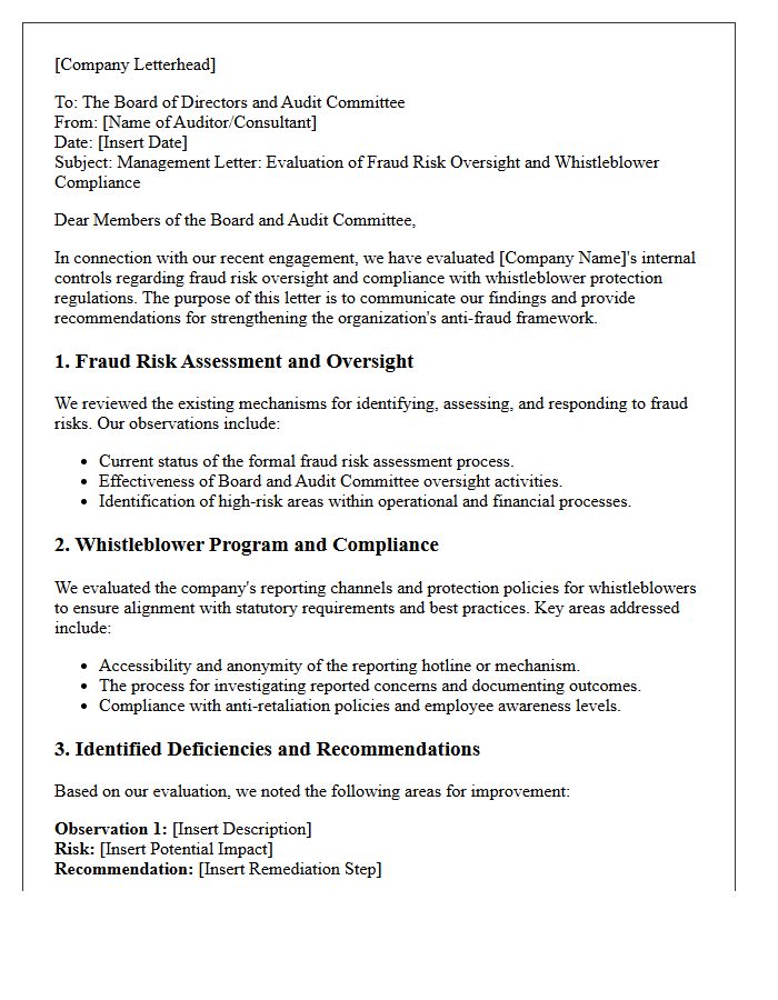 Management Letter Evaluating Fraud Risk Oversight and Whistleblower Compliance