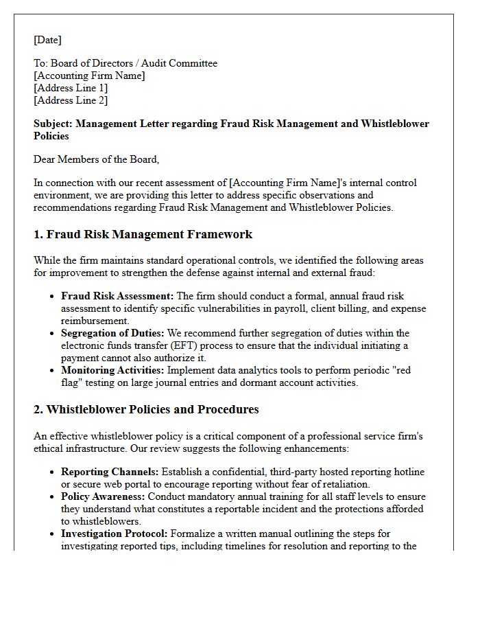 Management Letter on Fraud Risk Management and Whistleblower Policies in Accounting Firms