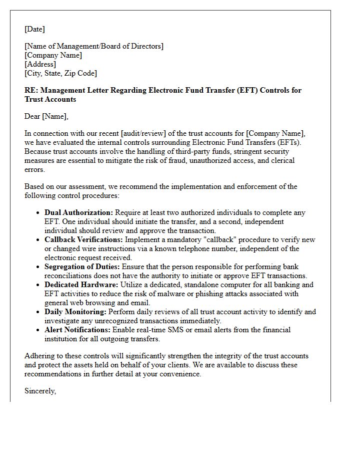 Management Letter Addressing Electronic Fund Transfer Controls in Trust Accounts