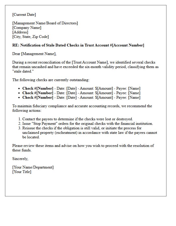 Management Letter Detailing Stale Dated Checks in Trust Accounts
