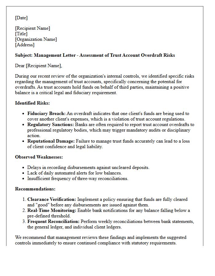 Management Letter Highlighting Trust Account Overdraft Risks