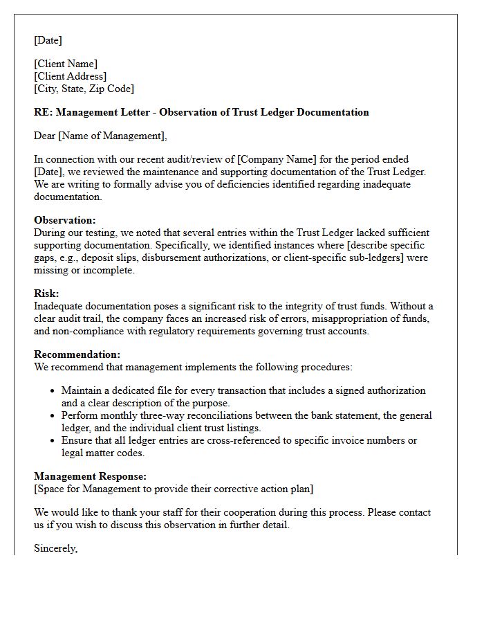 Management Letter on Inadequate Trust Ledger Documentation