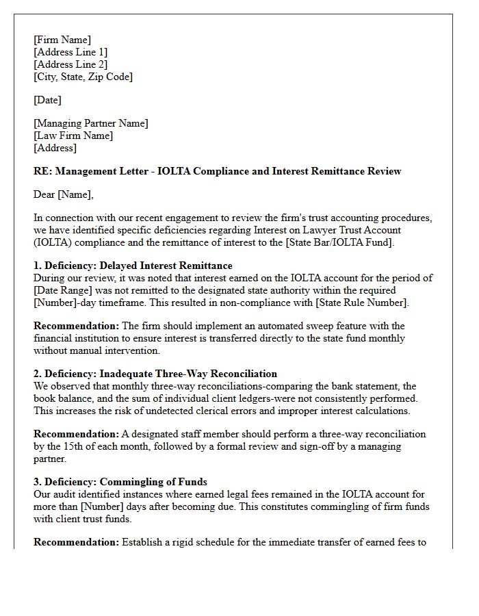 Management Letter on IOLTA Compliance and Interest Remittance Deficiencies