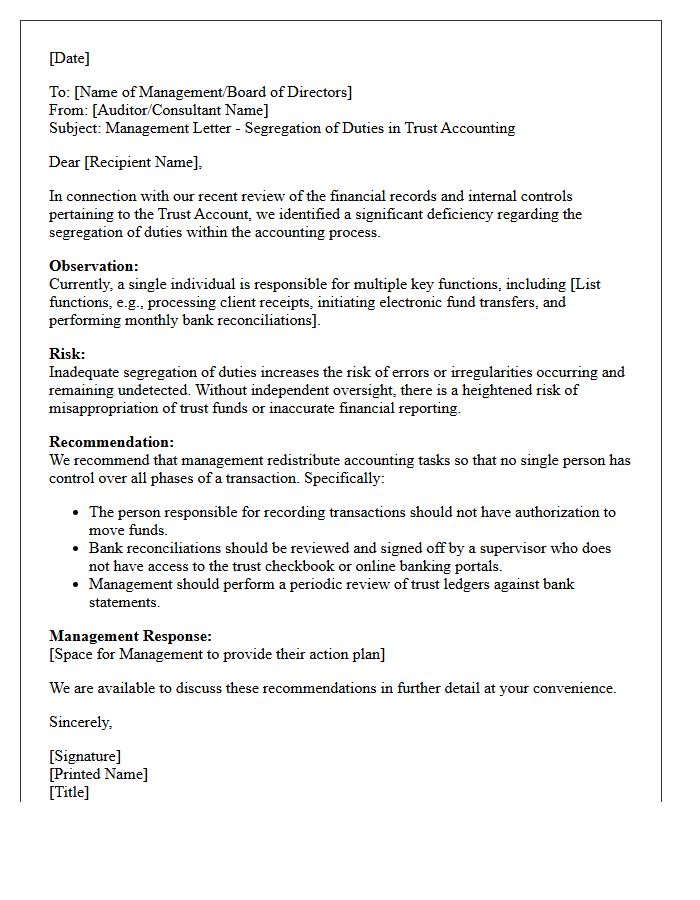 Management Letter on Segregation of Duties in Trust Accounting