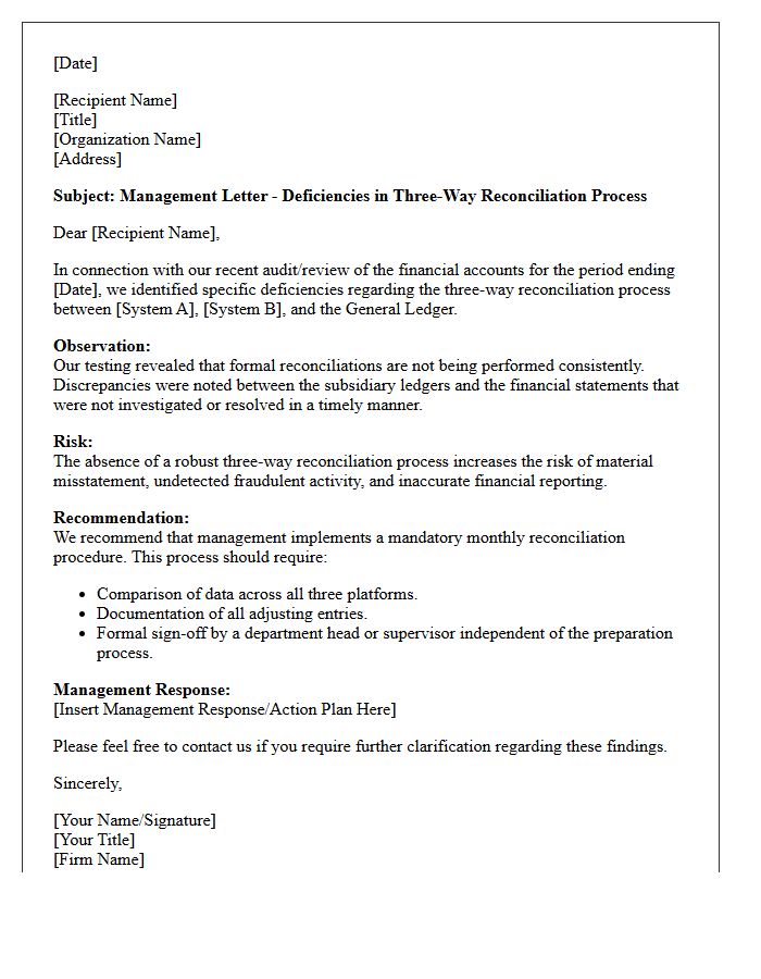 Management Letter on Three-Way Reconciliation Deficiencies