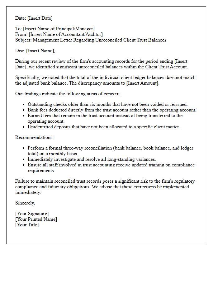 Management Letter Regarding Unreconciled Client Trust Balances