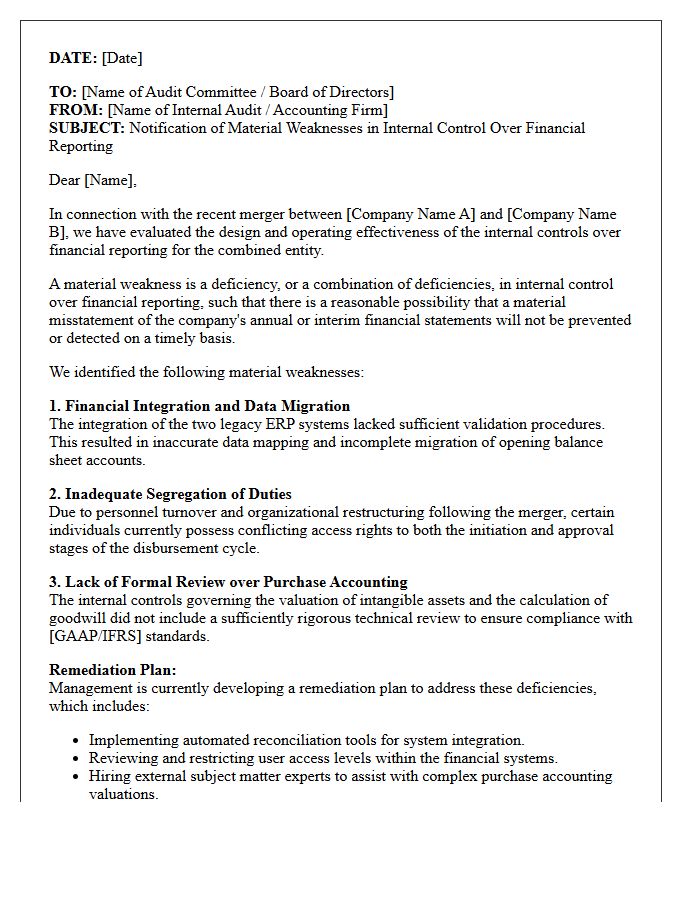 Letter Detailing Material Weaknesses in Post-Merger Internal Controls