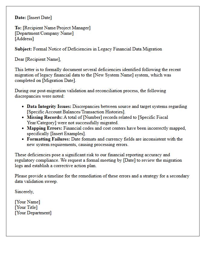 Letter Noting Deficiencies in Legacy Financial Data Migration