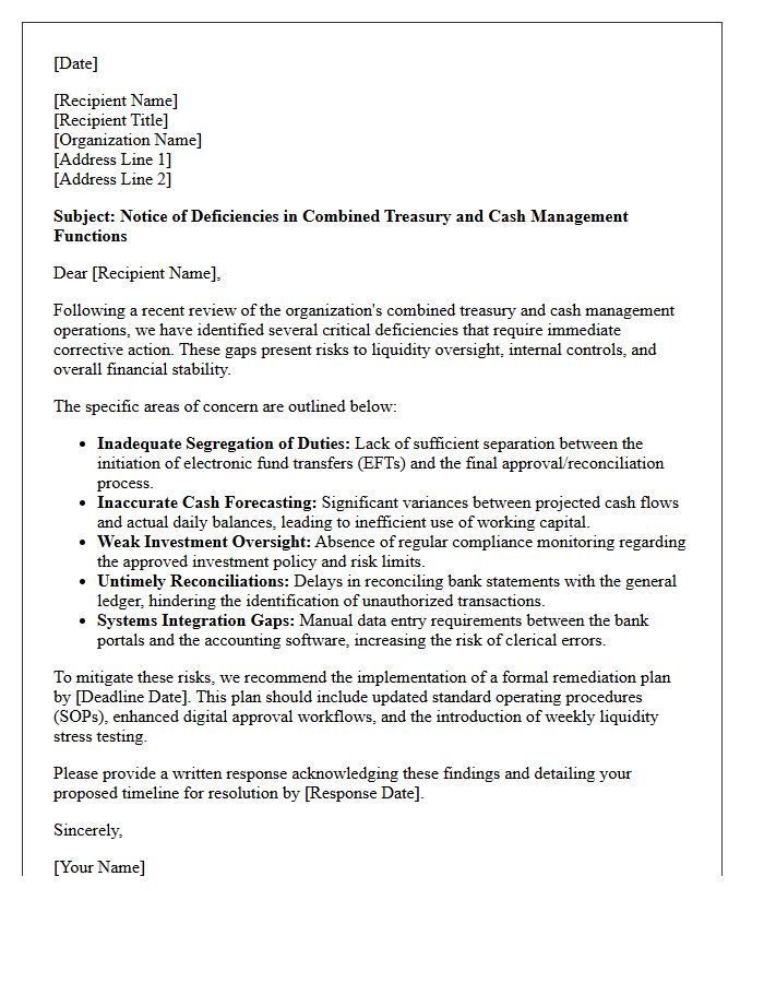 Letter Outlining Deficiencies in Combined Treasury and Cash Management