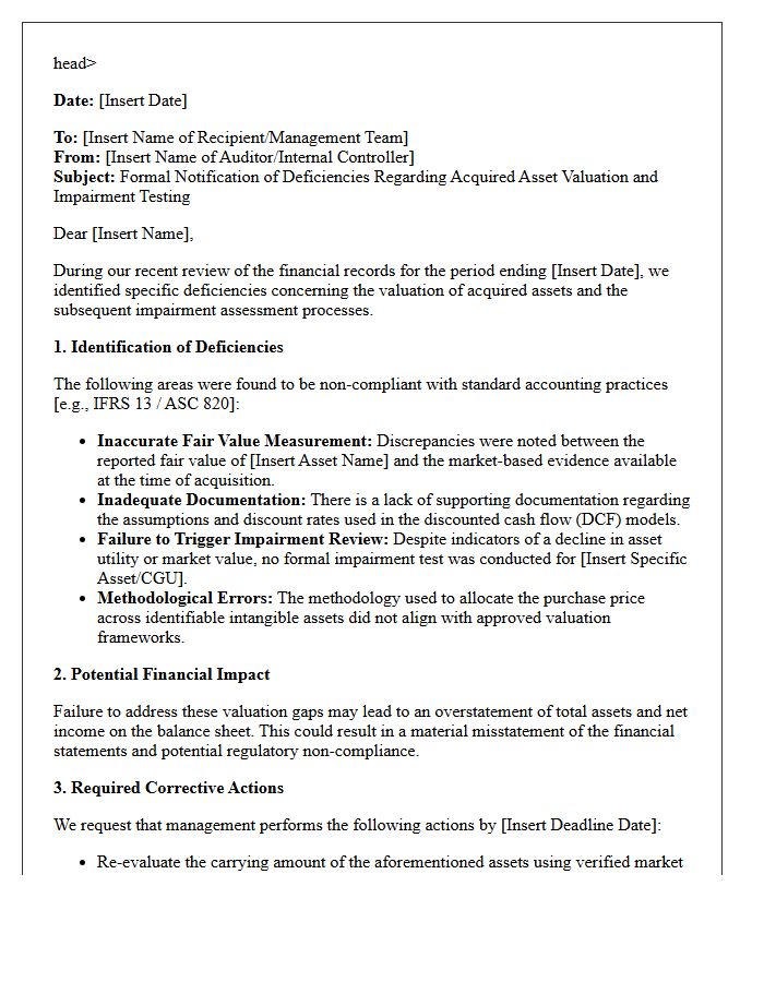 Letter Regarding Deficiencies in Acquired Asset Valuation and Impairment