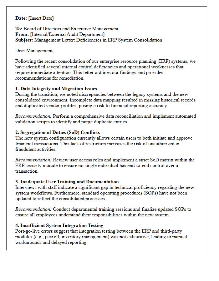 Management Letter Highlighting Deficiencies in ERP System Consolidation