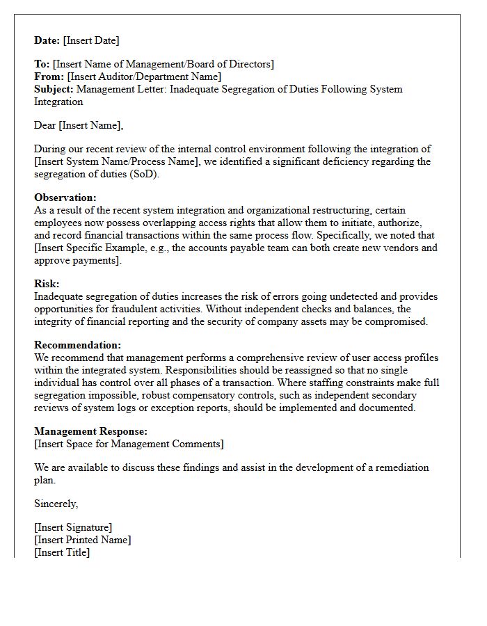 Management Letter on Inadequate Segregation of Duties Following Integration