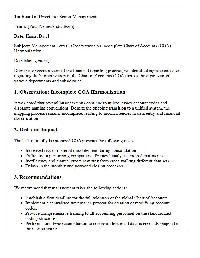 Management Letter on Incomplete Chart of Accounts Harmonization