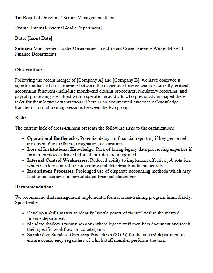 Management Letter on Insufficient Cross-Training Within Merged Finance Departments