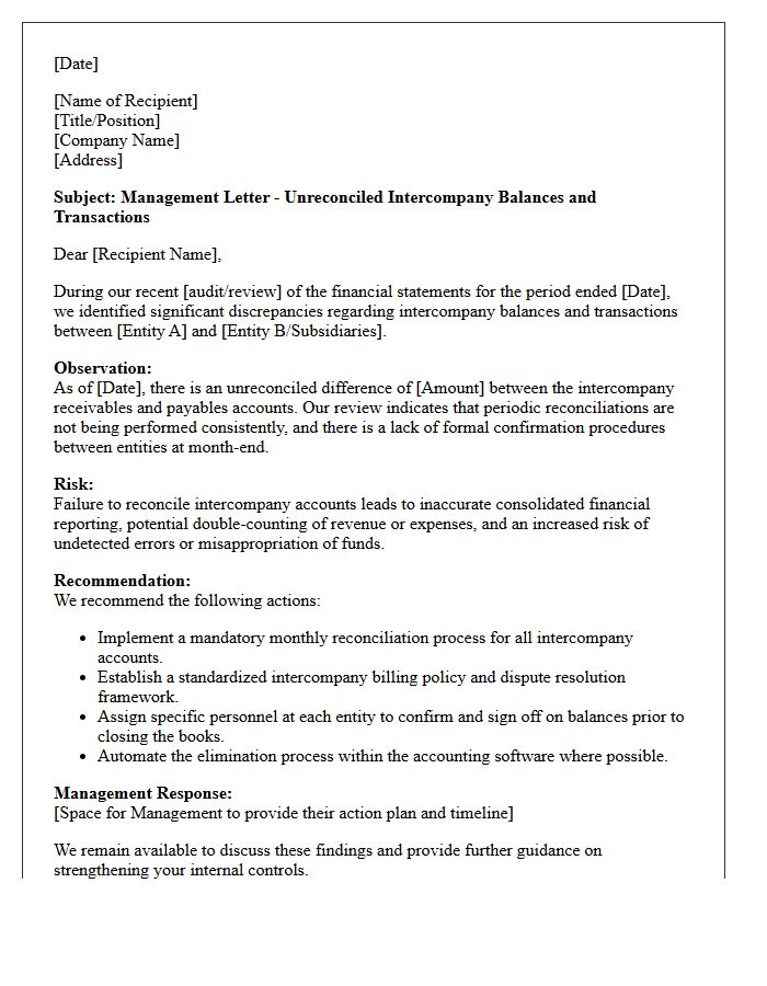 Management Letter on Unreconciled Intercompany Balances and Transactions