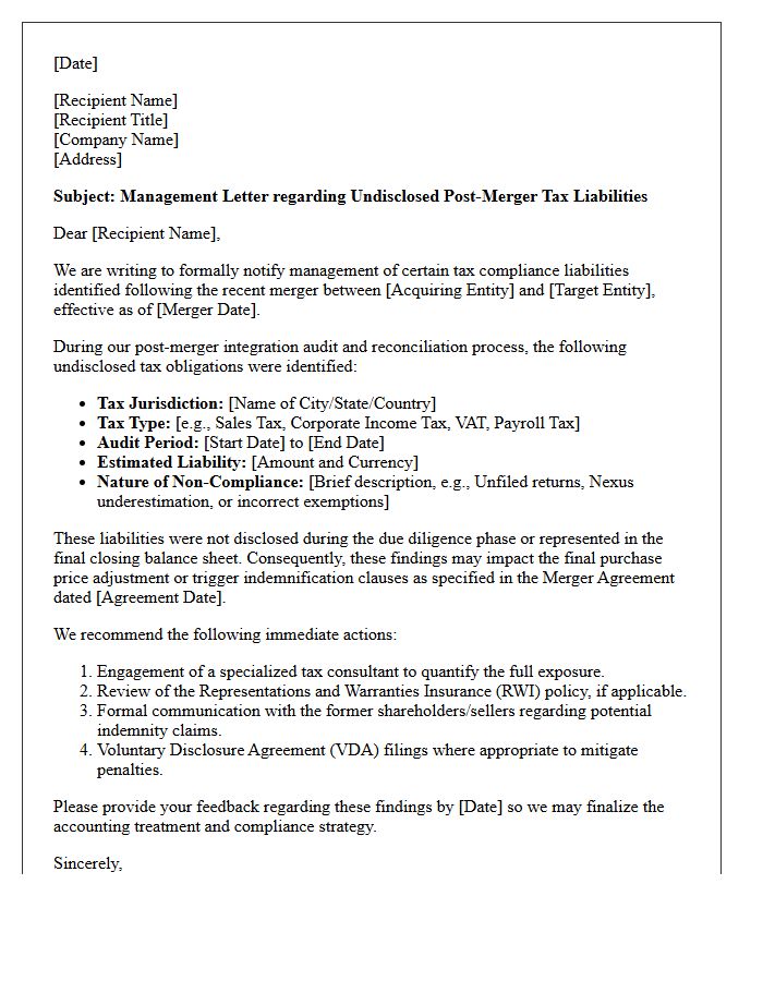 Management Letter Regarding Undisclosed Post-Merger Tax Compliance Liabilities