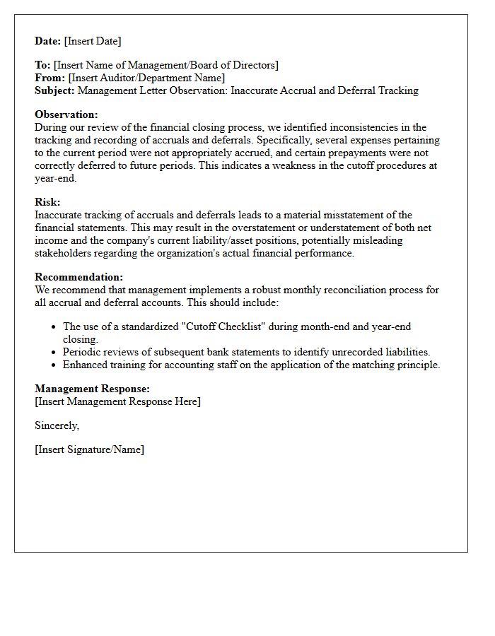Management Letter Highlighting Inaccurate Accrual and Deferral Tracking