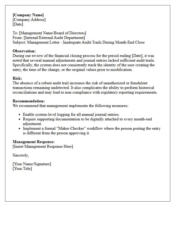 Management Letter on Inadequate Audit Trails During Month-End Close
