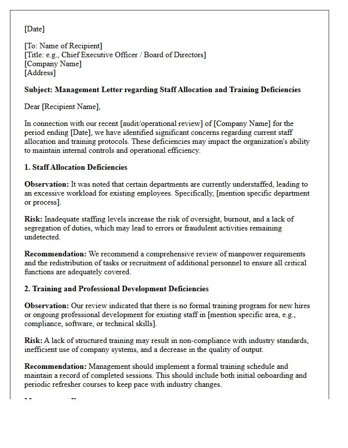 Management Letter on Staff Allocation and Training Deficiencies
