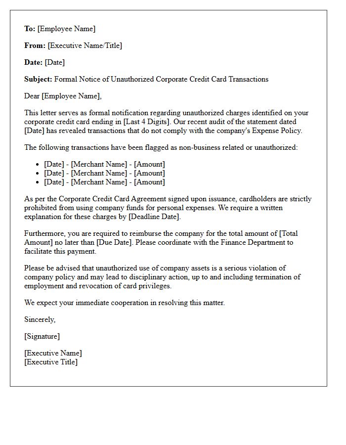 Executive Letter on Unauthorized Corporate Credit Card Transactions