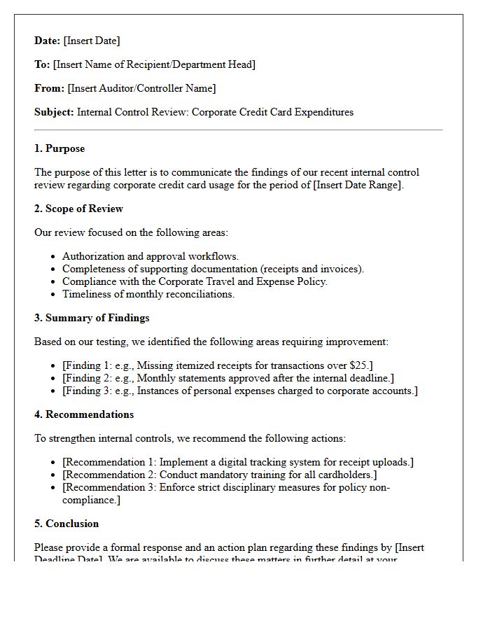 Internal Control Letter on Corporate Credit Card Expenditures