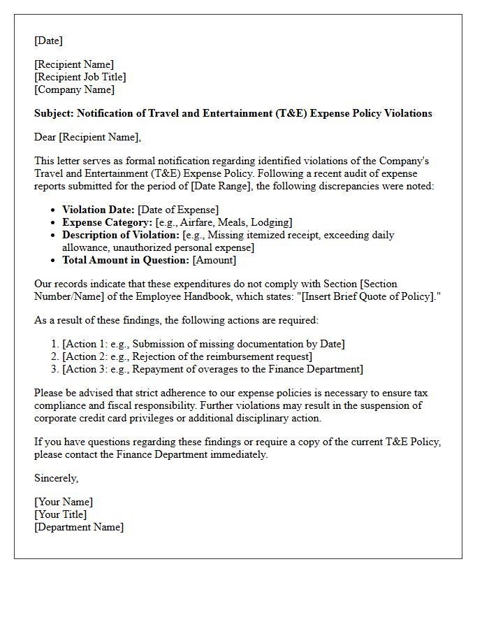 Management Letter Detailing Travel and Entertainment Expense Violations