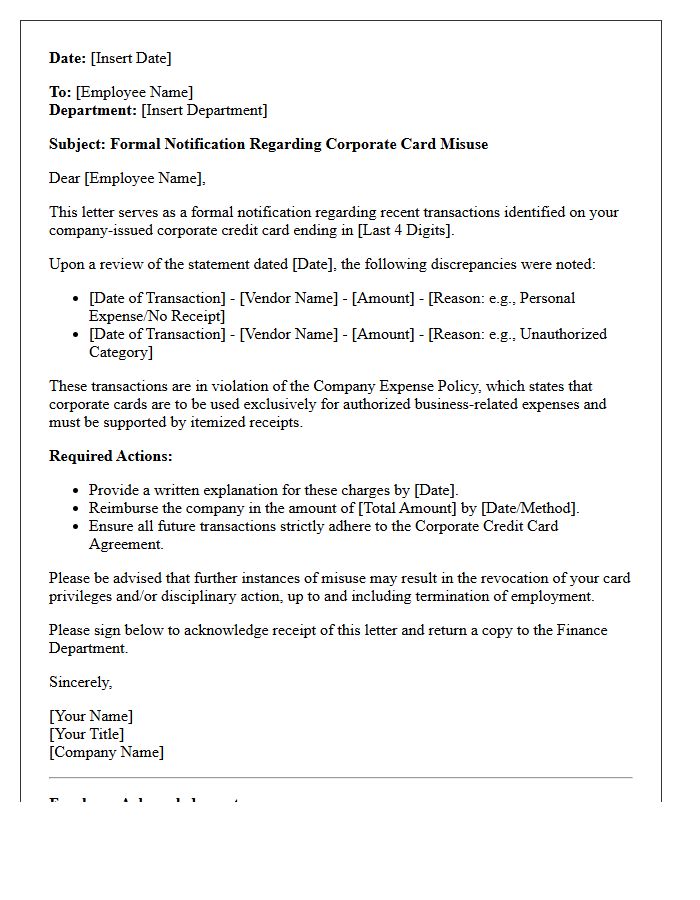 Management Letter Highlighting Corporate Card Misuse