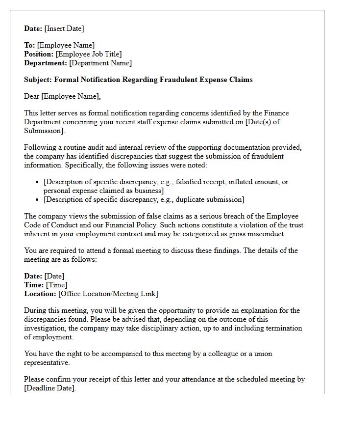 Management Letter Regarding Fraudulent Staff Expense Claims