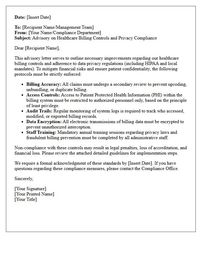 Advisory Letter on Healthcare Billing Controls and Privacy Compliance